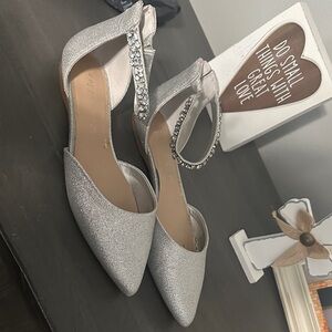 Copper Key Glittering Silver Ankle Strap Heels